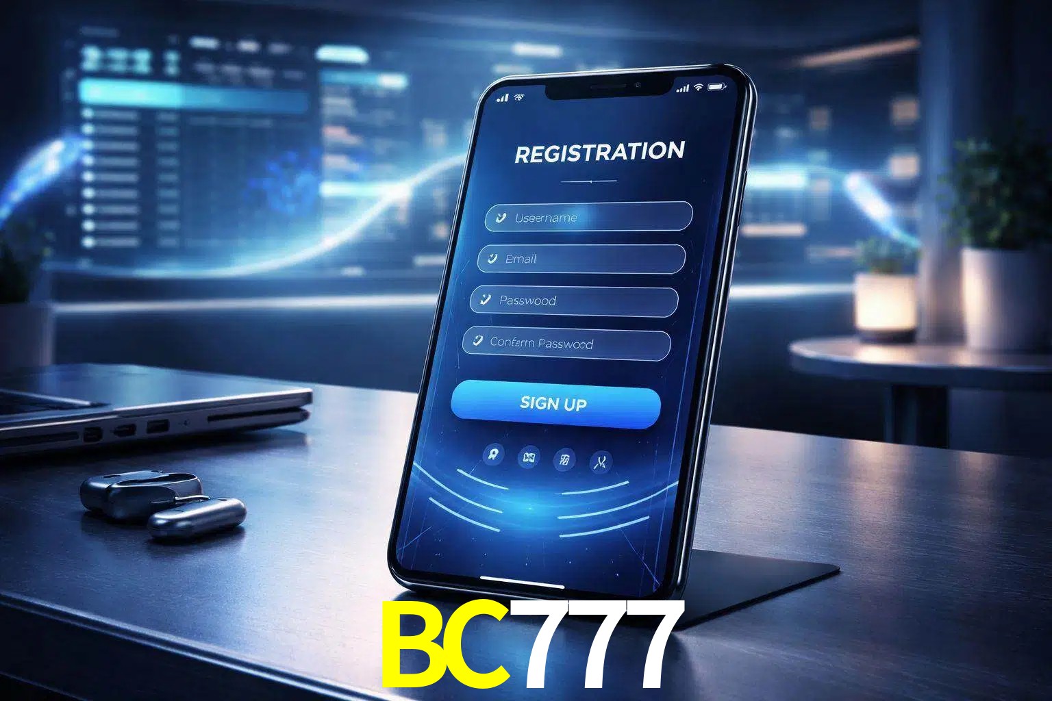Una interfaz moderna de registro móvil para BC777 mostrada en un smartphone con un panel de apuestas elegante.